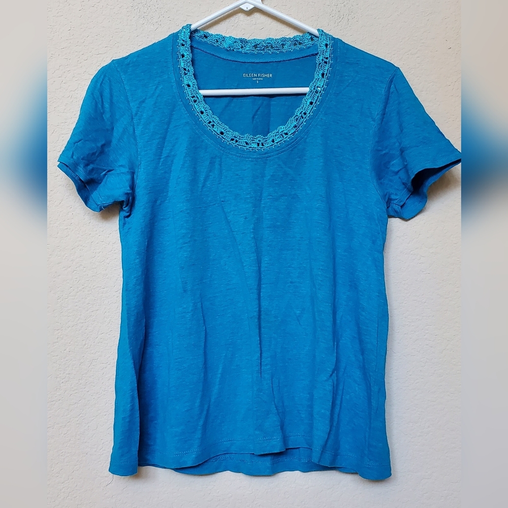 Eileen Fisher Crochet Collar 100% Orangic Linen Women's Top. Size Small